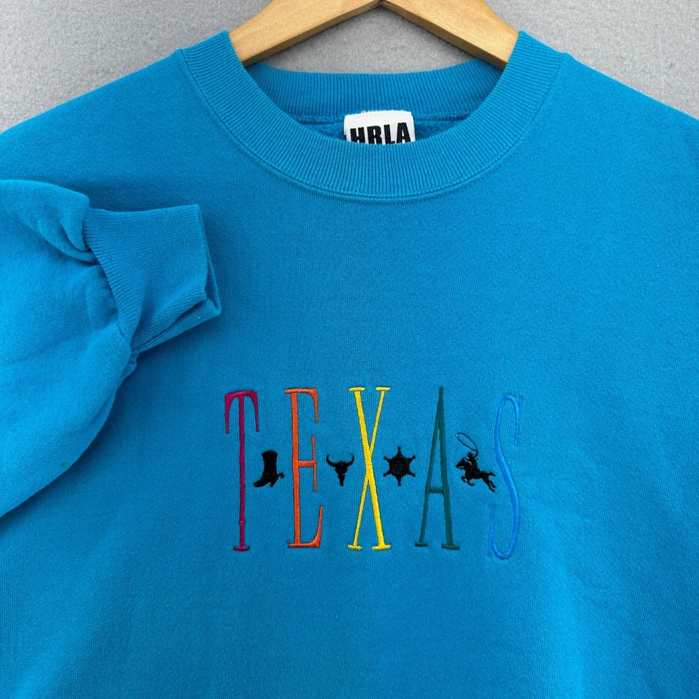 VTG‎ HRLA Texas State Embroidered Sweatshirt SZ XXL Made USA Blue 90s Rainbow